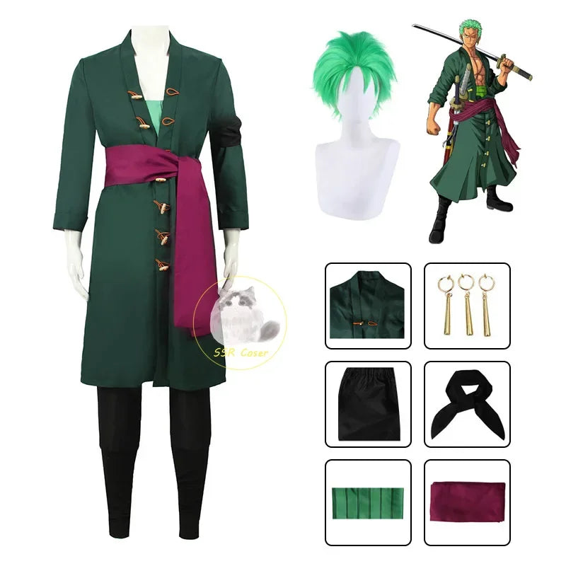 Roronoa Zoro Anime Cosplay Costume Set - Green Coat, Belt, Pants, Head Scarf, Wig, and Earrings for Men - Perfect for Halloween  🗡️