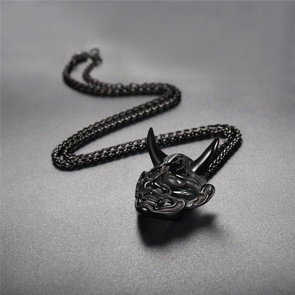 Hannya Mask Necklace, Mens Gothic Punk Pendant, Stainless Steel Silver Black Personalized Evil Demon Horn Jewelry Oni Necklaces with 22 Inch Chain