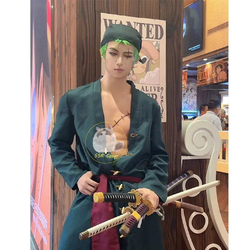 Roronoa Zoro Anime Cosplay Costume Set - Green Coat, Belt, Pants, Head Scarf, Wig, and Earrings for Men - Perfect for Halloween  🗡️