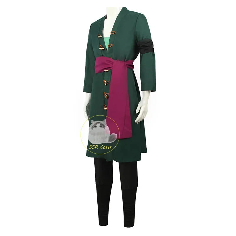 Roronoa Zoro Anime Cosplay Costume Set - Green Coat, Belt, Pants, Head Scarf, Wig, and Earrings for Men - Perfect for Halloween  🗡️