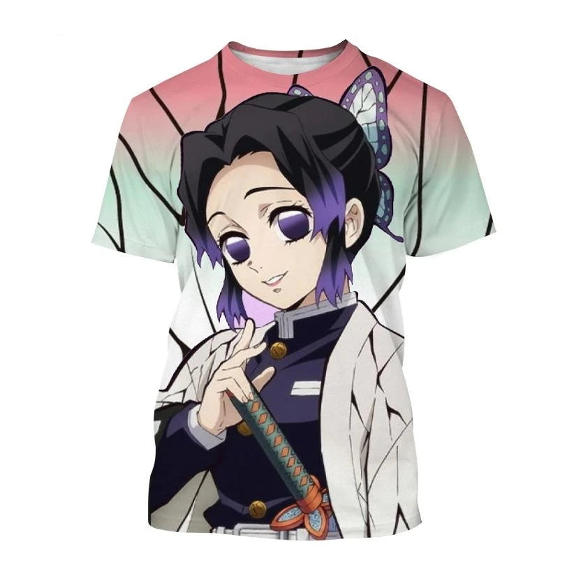 "Summer Anime-Inspired Demon Slayer Kamado Nezuko & Kochou Shinobu 3D Printed Fashion T-Shirt - Short Sleeve Cosplay Wear"