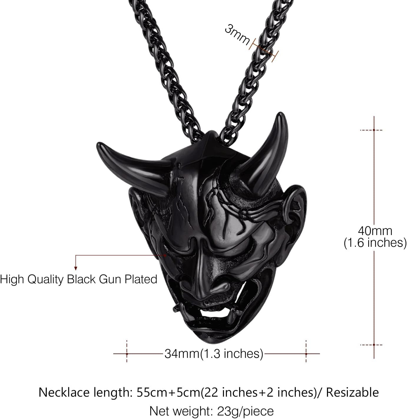 Hannya Mask Necklace, Mens Gothic Punk Pendant, Stainless Steel Silver Black Personalized Evil Demon Horn Jewelry Oni Necklaces with 22 Inch Chain