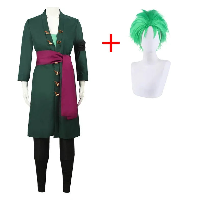 Roronoa Zoro Anime Cosplay Costume Set - Green Coat, Belt, Pants, Head Scarf, Wig, and Earrings for Men - Perfect for Halloween  🗡️