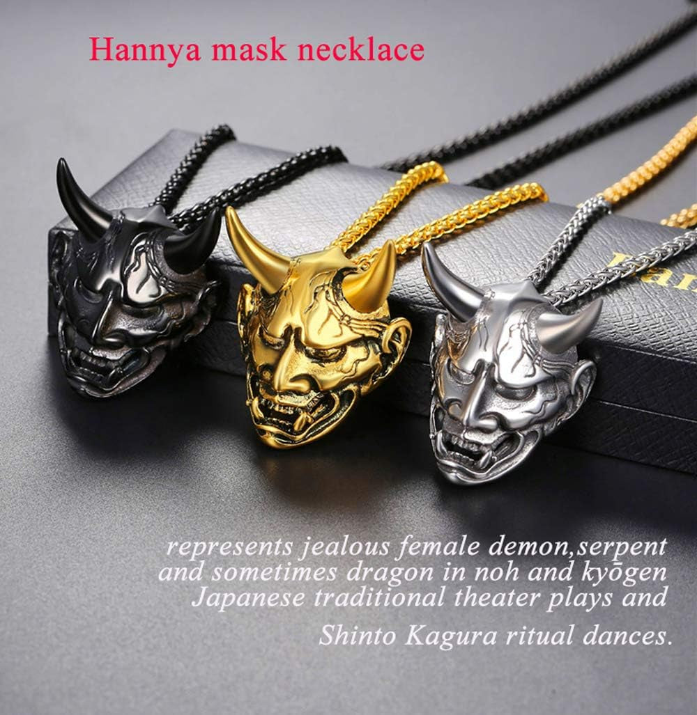 Hannya Mask Necklace, Mens Gothic Punk Pendant, Stainless Steel Silver Black Personalized Evil Demon Horn Jewelry Oni Necklaces with 22 Inch Chain