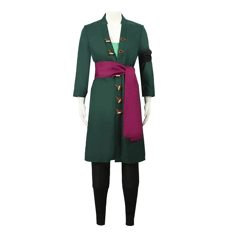 Roronoa Zoro Anime Cosplay Costume Set - Green Coat, Belt, Pants, Head Scarf, Wig, and Earrings for Men - Perfect for Halloween  🗡️