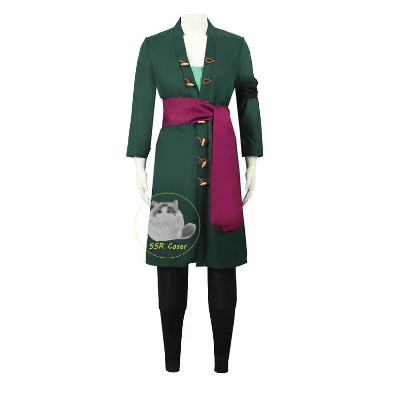 Roronoa Zoro Anime Cosplay Costume Set - Green Coat, Belt, Pants, Head Scarf, Wig, and Earrings for Men - Perfect for Halloween  🗡️