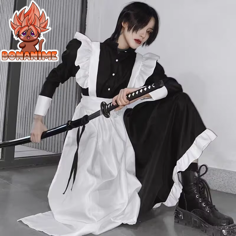 Unisex Long Maid Dress with Apron - Lolita Style Cafe Costume and Cosplay Outfit Inspired by Jujutsu Kaisen