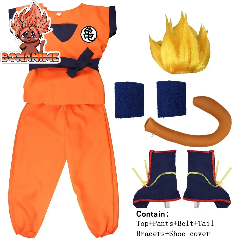 Goku-Inspired Anime Cosplay Costume for Adults and Kids - Halloween Carnival Outfit with Tail, Wrist Cuffs, and Wig in Black and Gold