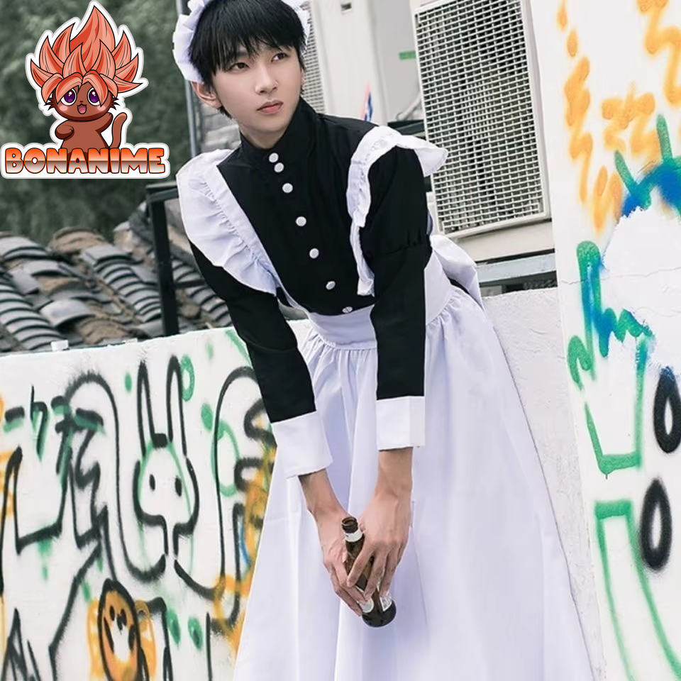 Unisex Long Maid Dress with Apron - Lolita Style Cafe Costume and Cosplay Outfit Inspired by Jujutsu Kaisen