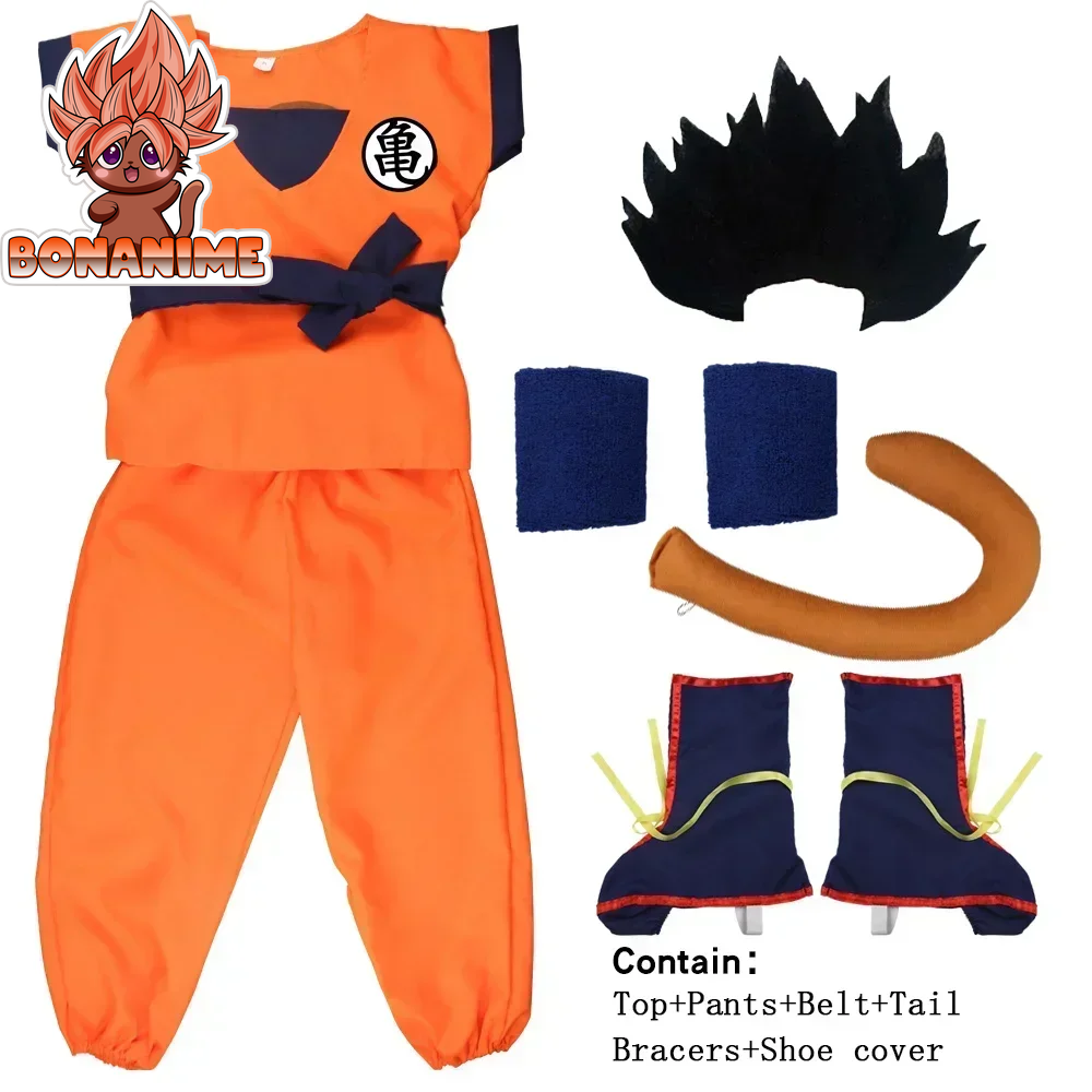 Goku-Inspired Anime Cosplay Costume for Adults and Kids - Halloween Carnival Outfit with Tail, Wrist Cuffs, and Wig in Black and Gold